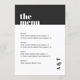 Menu minimaliste moderne noir blanc gras Mariage