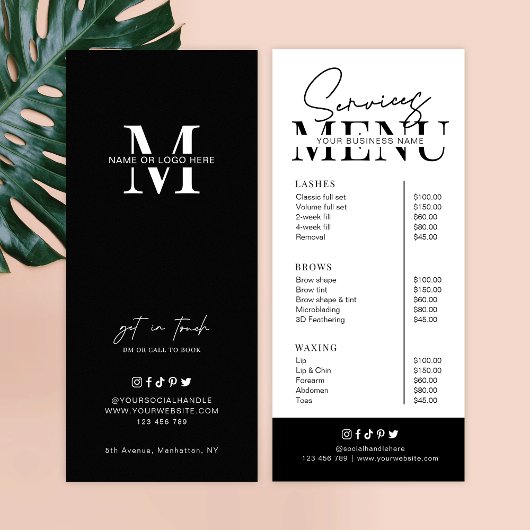 Menu Minimaliste Script Black White Salon Services