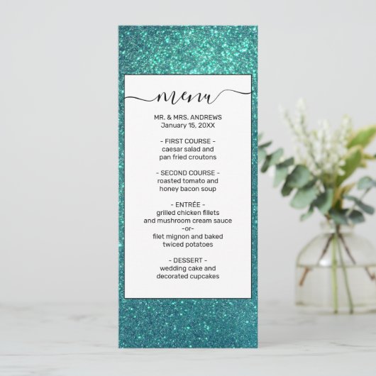 Menu Mitter Chic Elegant Teal Blue Sparkly (Debout devant)