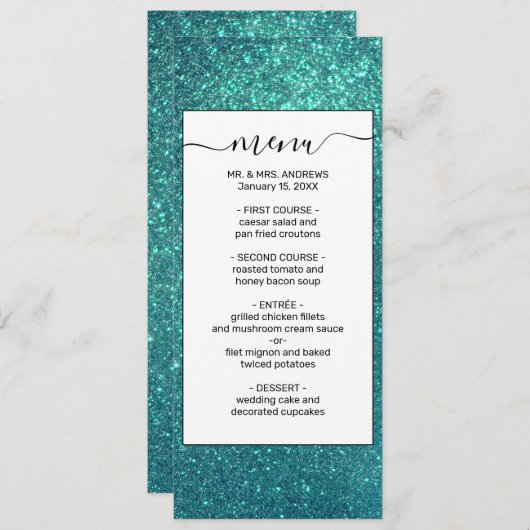 Menu Mitter Chic Elegant Teal Blue Sparkly (Devant / Derrière)
