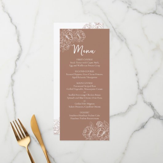 Menu Mocha Mousse Boho Mocha à double face Mariage Flor (Devant/Arrière en situation)