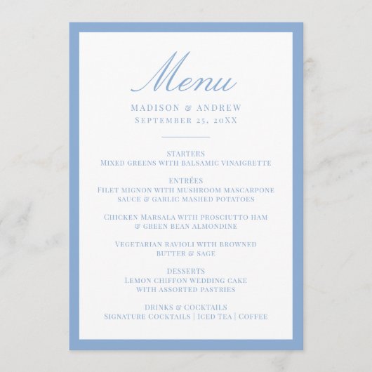 Menu Modern Blue Border Wedding (Devant)