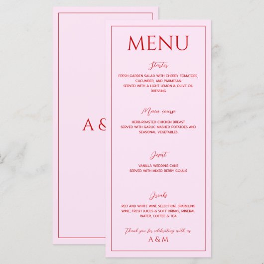 Menu Modern blush pink and red minimalist wedding (Devant / Derrière)