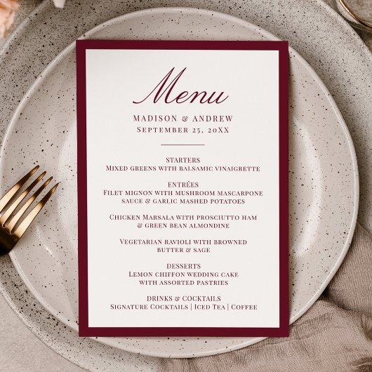 Menu Modern Burgundy Border Wedding