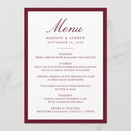 Menu Modern Burgundy Border Wedding (Devant)