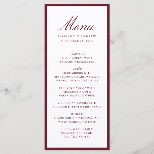 Menu Modern Burgundy Border Wedding (Devant)