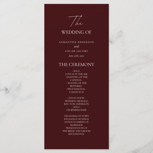 Menu Modern Burgundy Wedding Ceremony Program | (Devant)