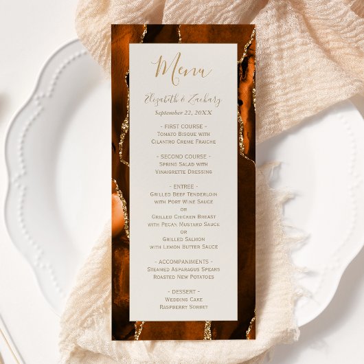 Menu Modern Burnt Orange Gold Agate Ivory Wedding