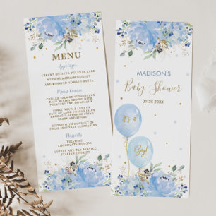 Menu Modern Chic Blue Floral Balloons Baby shower