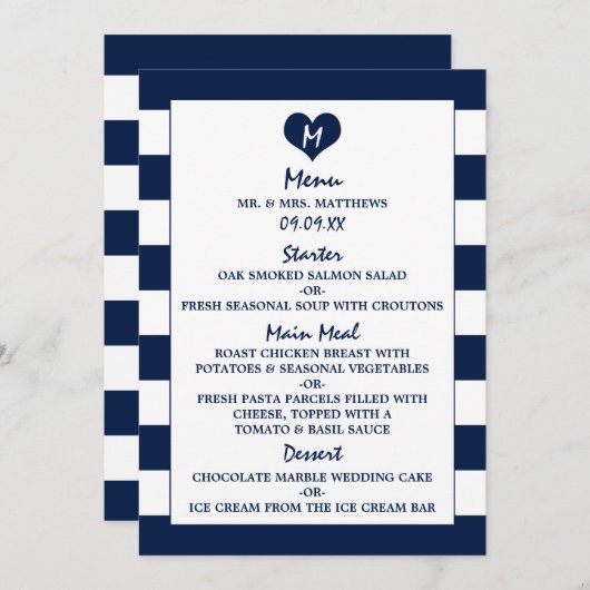 Menu Modern Chic Navy Blue & White Wedding (Voorkant / Achterkant)