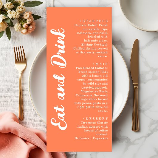 Menu Modern Coral Orange Eat and Drink Wedding