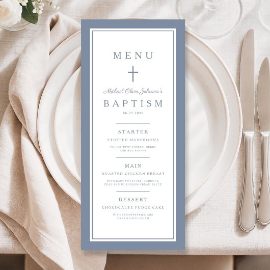 Menu Modern Dusty Blue Cross Boy Baptism