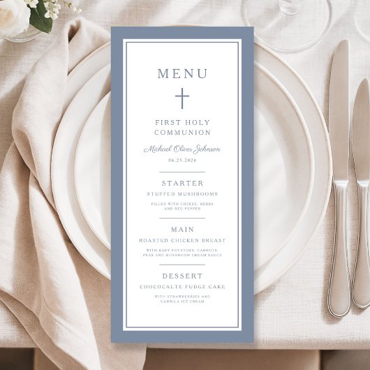 Menu Modern Dusty Blue Cross Boy First Communion