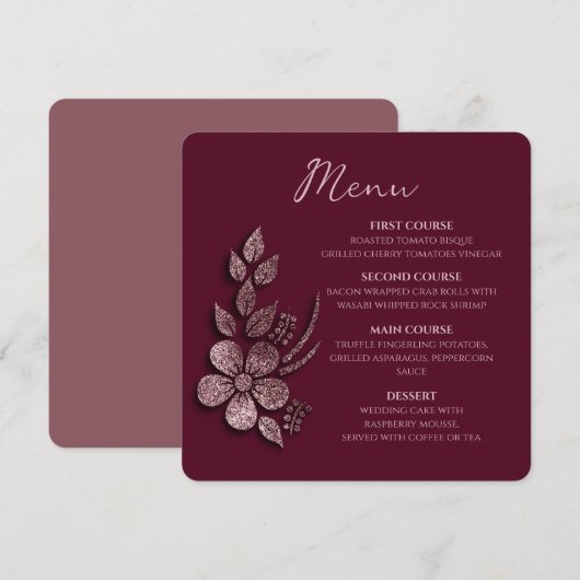 Menu Modern Elegant Rose Gold Glitter Floral & Burgundy (Devant / Derrière)