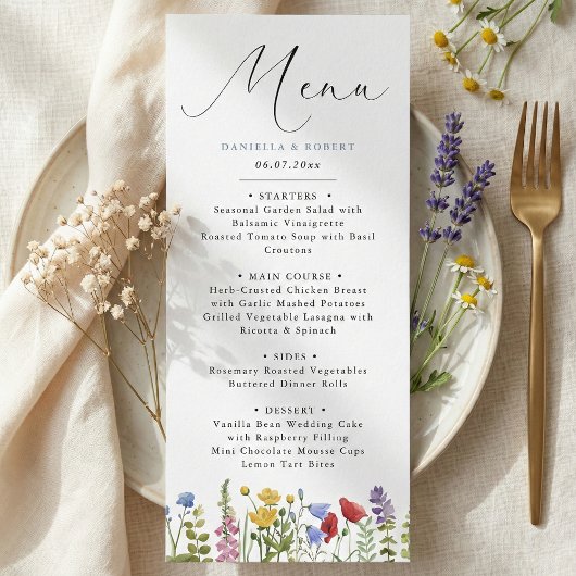 Menu Modern Elegant Spring Summer Wildflower Wedding