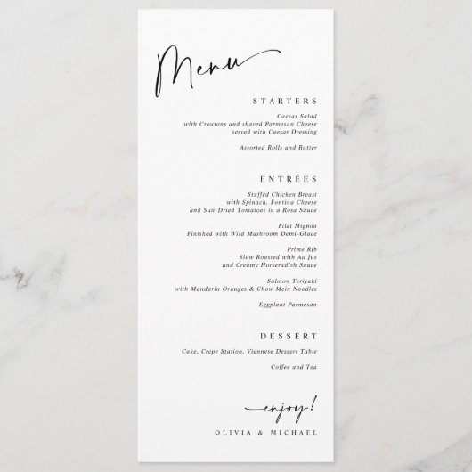 Menu Modern Food Course Dinner Black and White Wedding (Devant)