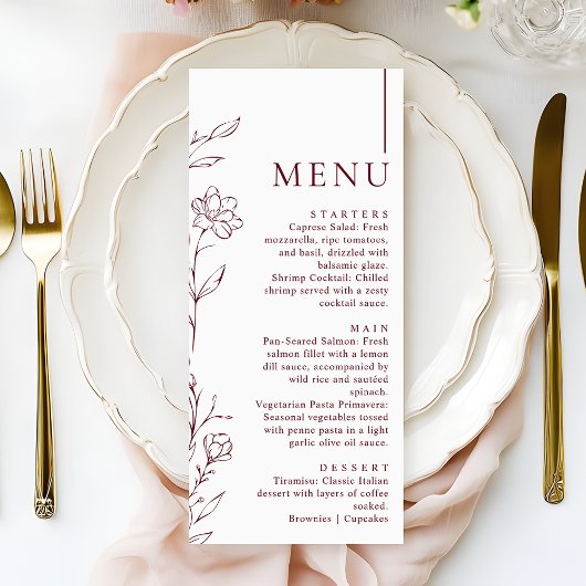 Menu Modern Hand Drawn Floral Burgundy Wedding Dinner