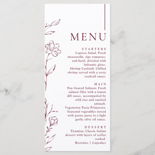 Menu Modern Hand Drawn Floral Burgundy Wedding Dinner (Devant)