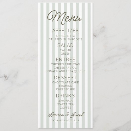 Menu Modern Minimal Minimalist Green Stripes Wedding (Devant)