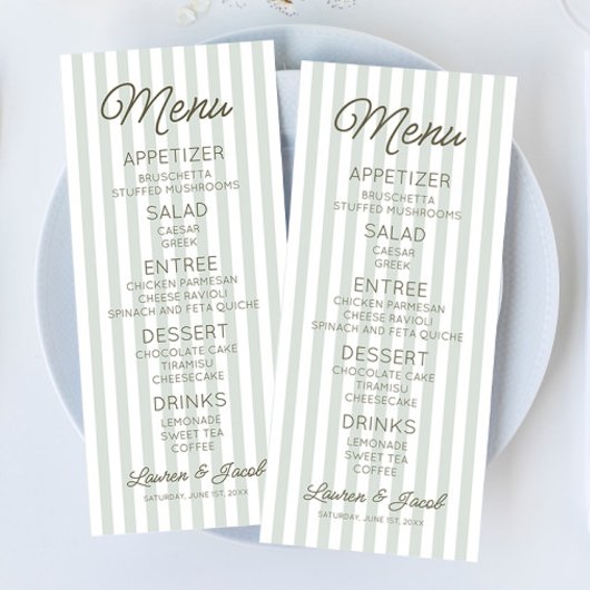 Menu Modern Minimal Minimalist Green Stripes Wedding