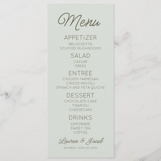 Menu Modern Minimal Minimalist Green Wedding (Devant)