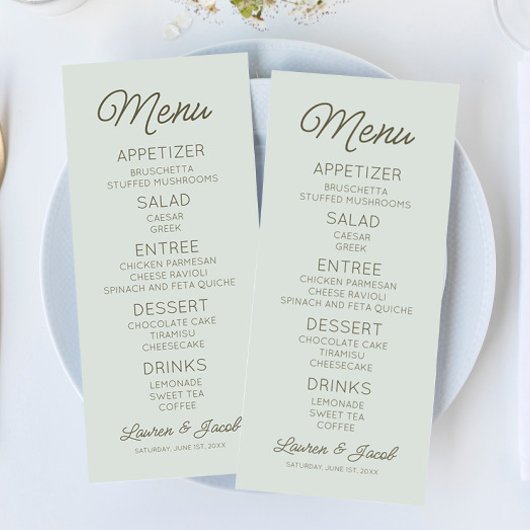 Menu Modern Minimal Minimalist Green Wedding