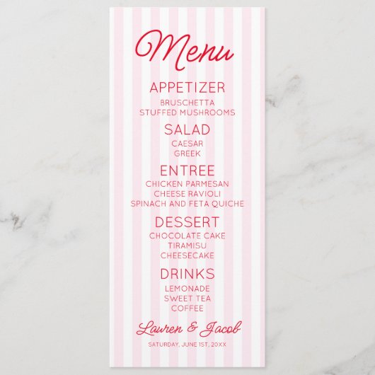 Menu Modern Minimal Minimalist Pink Stripes Red Wedding (Devant)