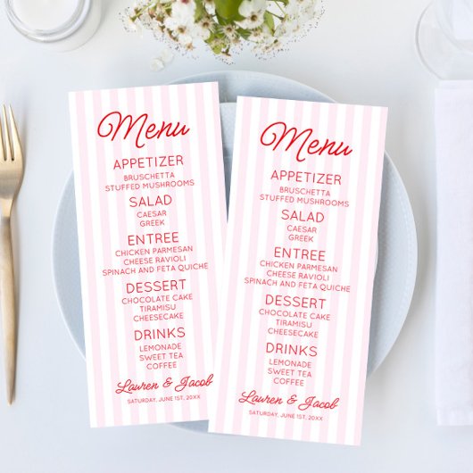 Menu Modern Minimal Minimalist Pink Stripes Red Wedding