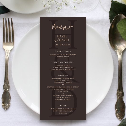 Menu Modern Minimalist Brown Monogram Wedding