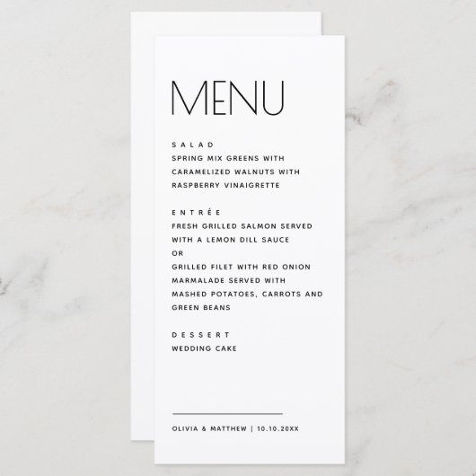 Menu Modern Minimalist Wedding. Simple Clean Typography (Devant / Derrière)