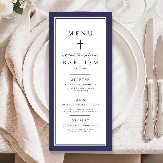 Menu Modern Navy Blue Cross Boy Baptism