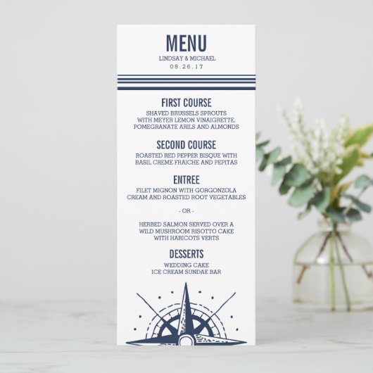 Menu Modern Navy & White Nautical Compass Wedding (Debout devant)