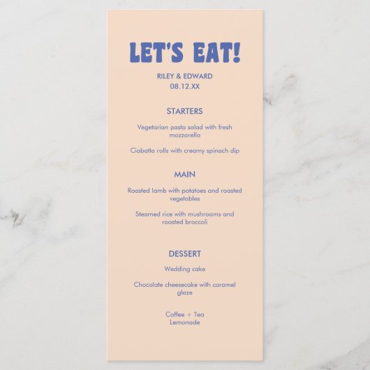 Menu Modern Retro Blue & Beige 'Let's Eat!' Wedding (Devant)