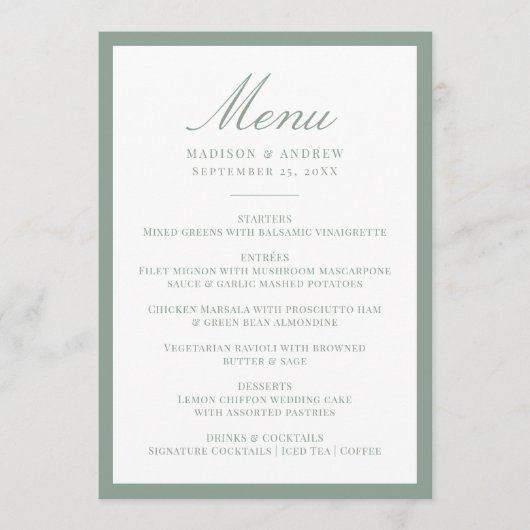Menu Modern Sage Green Border Wedding (Devant)