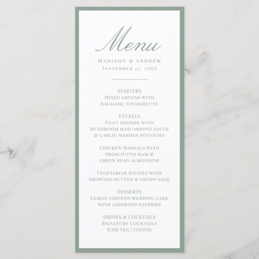 Menu Modern Sage Green Border Wedding (Devant)