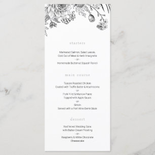 Menu moderne à fleurs noir et blanc mariage