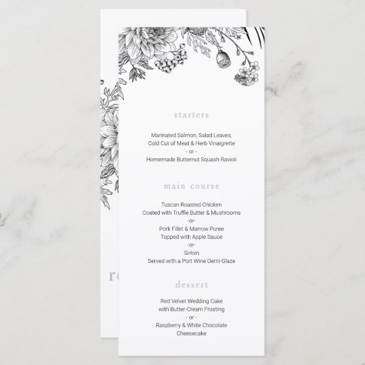 Menu moderne à fleurs noir et blanc mariage (Devant / Derrière)