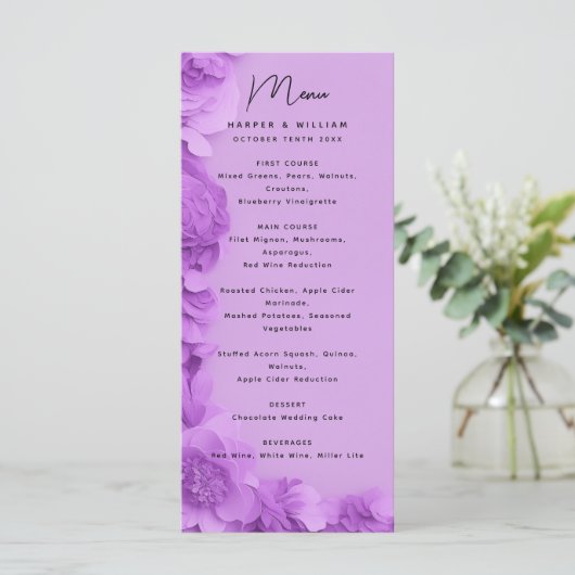 Menu moderne à fleurs violettes mariage (Debout devant)