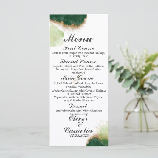 Menu moderne Agate Green & Gold Mariage (Debout devant)