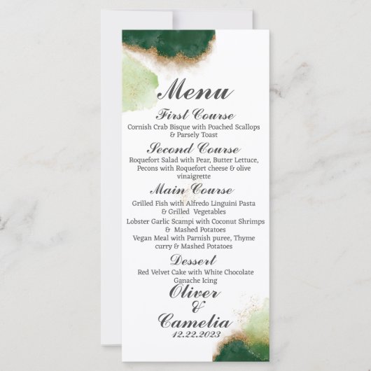 Menu moderne Agate Green & Gold Mariage (Devant)