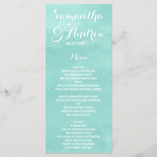 Menu moderne aqua vert aquarelle mariage (Devant)