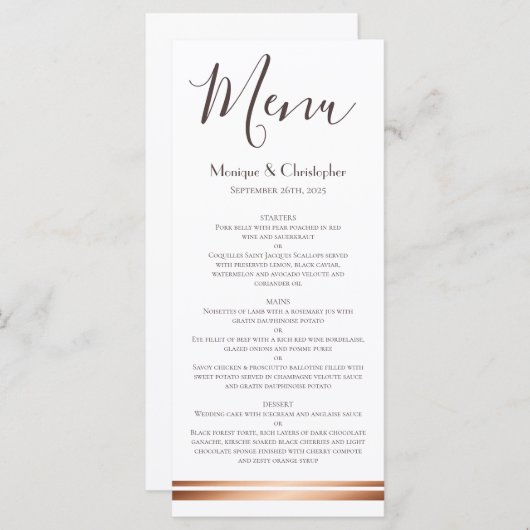 Menu moderne blanc et Mariage en cuivre (Devant / Derrière)