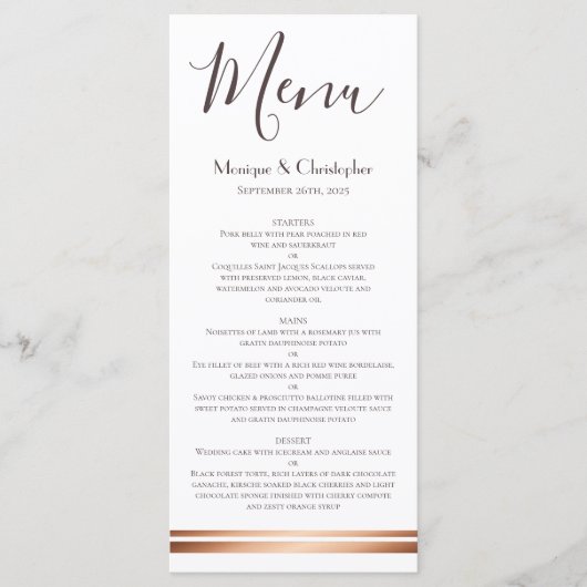 Menu moderne blanc et Mariage en cuivre (Devant)