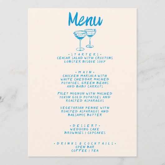 Menu Moderne Bleu à la main Mariage rétro tiré (Devant)