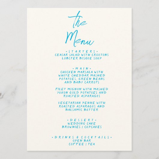 Menu Moderne Bleu Écrit à la main Mariage rétro tendanc (Devant)