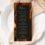 Menu Moderne Brûlé Orange Or Agate Mariage foncé<br><div class="desc">Ce menu mariage moderne et élégant est doté d'un arrière - plan d'agate orange brûlé à l'aquarelle et décoré d'une fausse parties scintillant dorée. Le texte apparaît dans une écriture manuscrite élégante de couleur or et des polices de cuivre sur un rectangle noir foncé. La conception de l'agate est répétée...</div>