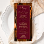 Menu Moderne Burange Orange Or Agate Bourgogne Mariage<br><div class="desc">Ce menu mariage moderne et élégant est doté d'un arrière - plan d'agate orange brûlé à l'aquarelle et décoré d'une fausse parties scintillant dorée. Le texte apparaît dans une écriture manuscrite élégante de couleur or et des polices de caractères sur un rectangle bordeaux. La conception de l'agate est répétée à...</div>
