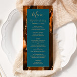 Menu Moderne Burnt Orange Or Agate Turquoise Mariage<br><div class="desc">Ce menu mariage moderne et élégant est doté d'un arrière - plan d'agate orange brûlé à l'aquarelle et décoré d'une fausse parties scintillant dorée. Le texte s'affiche dans une écriture manuscrite élégante de couleur or et des polices de cuivre sur un rectangle bleu turquoise. La conception de l'agate est répétée...</div>