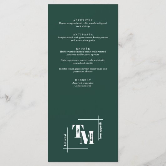 Menu Moderne Chic Emerald Green Boho Mariage Merci (Devant)