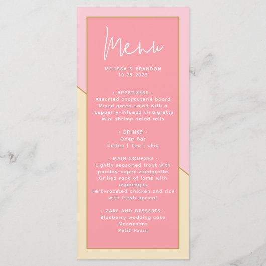 Menu Moderne Chic Pastel Rose or & Mariage de script (Devant)